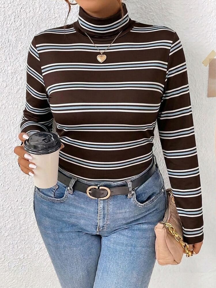 Lounesse Plus Size Colorblock Striped Turtleneck Long Sleeve T-Shirt - Slim Fit, Soft Fabric, Minimalist Design, Double Layered Thick, Suitable For Winter Workplace And Formal Occasions - Multicolor - View 6