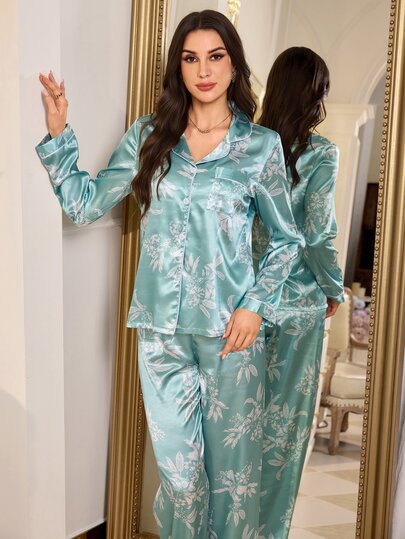 LuxeNights Fresh Mint Green Plant Print Ice Silk Pajama Set For Women, Long Sleeve Long Pants, Premium Satin Lapel Button-Up Loungewear