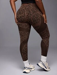 Voyena Women's Plus Size Leopard Print Fitted Athletic Leggings - Khaki - View 1