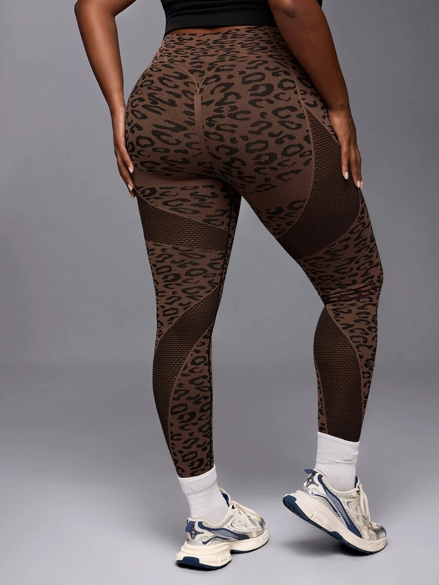 Voyena Women's Plus Size Leopard Print Fitted Athletic Leggings - Khaki - View 1