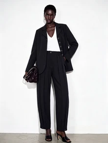 SHEIN Setelan Jas Wanita 2 Potong: Blazer Pendek Hitam dan Celana Panjang Lebar Berlipit - Hitam - View 5