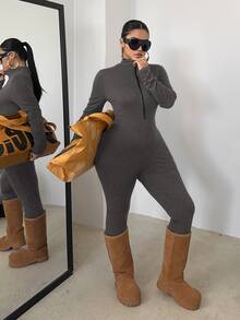 POPSWAY Plus Size Black Long Sleeve Long Jumpsuit With Front Zipper, Cinched Waist, Slim Fit, Minimalist, Solid Color, Versatile Everyday Wear - Grey - View 1