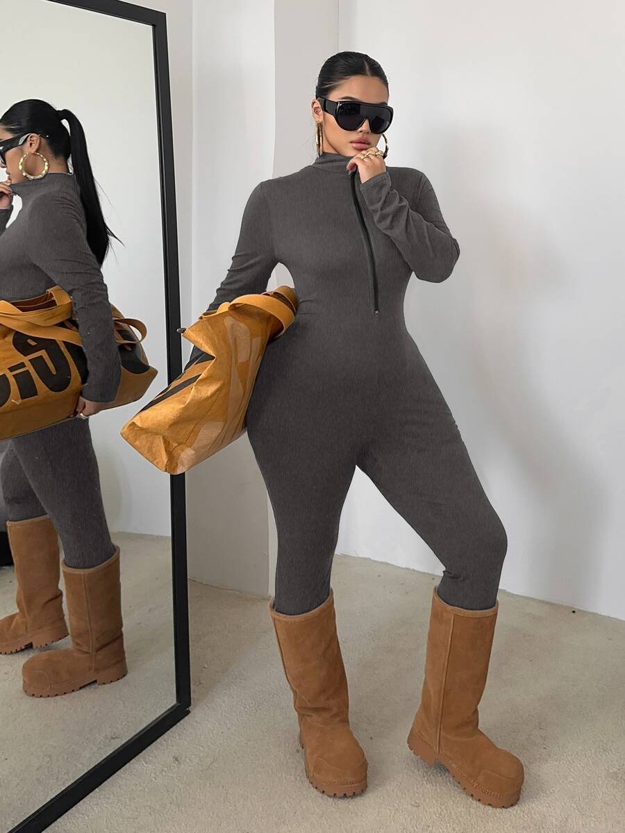 POPSWAY Plus Size Black Long Sleeve Long Jumpsuit With Front Zipper, Cinched Waist, Slim Fit, Minimalist, Solid Color, Versatile Everyday Wear - Grey - View 1