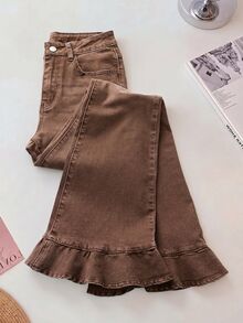 GlowEve CURVE Plus Size Women's Casual Flare Leg Jeans With Pockets And Ruffle Hem - Brown - View 4