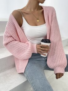 SHEIN LUNE 女款純色落肩長袖寬鬆休閒開襟衫，秋冬女裝 - 粉色 - 查看 4