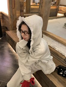 DAZY Women's Spring/Autumn Solid Color Patchwork Frill Trim Zipper Hooded Sweatshirt And Long Pants Casual 2 Pieces Set - Light Grey - View 3