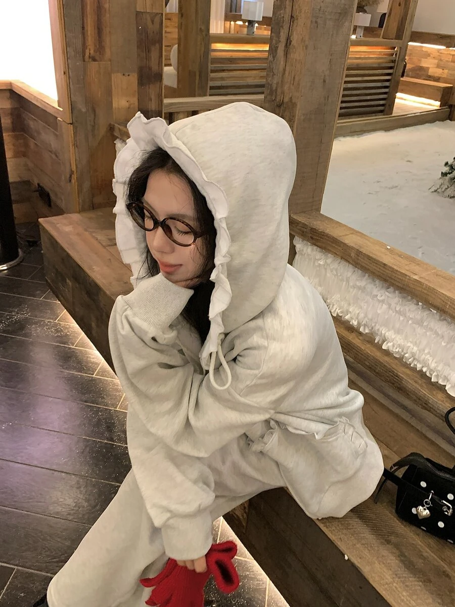 DAZY 女款春夏/秋冬純色拼接荷葉邊拉鍊連帽衛衣與長褲休閒兩件套 - 淺灰色 - 查看 1