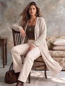 Ceyna Plus Size Women's Fashion Mid-Length Cardigan Sweater With Pockets, Casual Versatile Daily Autumn/Winter Outerwear - Apricot - View 1