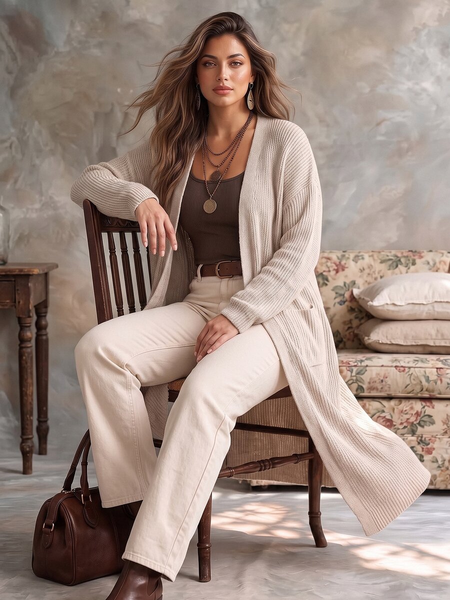 Ceyna Plus Size Women's Fashion Mid-Length Cardigan Sweater With Pockets, Casual Versatile Daily Autumn/Winter Outerwear - Apricot - View 1