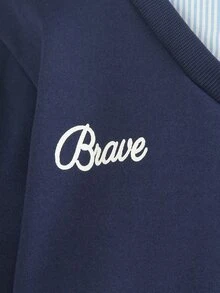 SHEIN 女童海軍藍 2 合 1 條紋 Polo 領半開鈕扣長袖運動衫 + 直筒寬腿褲 2 件式休閒套裝，學院風配色 - 彩色 - 查看 7