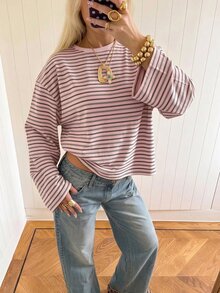 SHEIN EZwear 海外長袖粉色條紋襯衫，秋季上衣，適合日常通勤、派對、秋冬春夏、聖誕節、新年、感恩節、派對、婚禮、海灘、畢業典禮、優雅、外出、約會、通勤、情人節、優雅、度假、Y2K、畢業典禮及其他場合 - 彩色 - 查看 4
