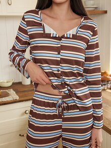 Doze Lane Striped Print Button-Up Long Sleeve Cardigan & Long Pants Women's Pajama Set - Multicolor - View 2