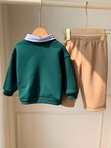 SHEIN 中性嬰兒男童/幼兒 2件組秋冬保暖內裡加厚可愛學院風運動衫套裝，嬰兒冬季套裝，聖誕節 - 墨綠色 - 查看 2