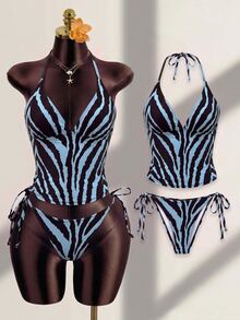 Elavelle Halloween Costume Women's Spring/Summer/Fall Random Print Spaghetti Strap Tank Top Elegant Bikini Set Blue Black Tiger Pattern Going Out Outfit - Multicolor - View 3