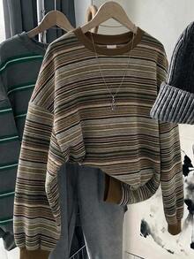 SHEIN EZwear 女款休閒圓領寬鬆條紋運動衫，秋冬服飾 - 白色 - 查看 7