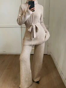 DAZY 女款純色打結腰長袖上衣與長褲針織兩件套 冬季 - 卡其色 - 查看 2