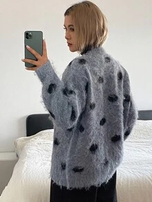 DAZY Women's V-Neck Polka Dot Casual Loose Cardigan - Dusty Blue - View 3