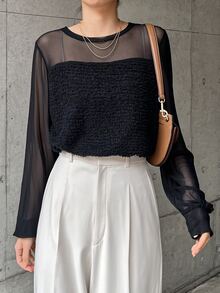 Dazy Tall Women's Round Neck Lace Patchwork Loose Fit Elegant Pullover T-Shirt - Black - View 6