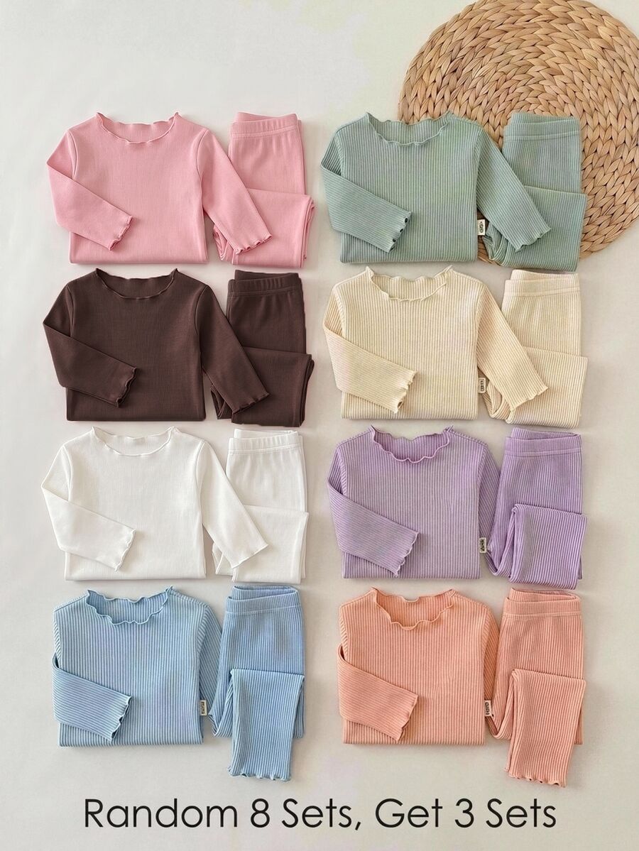 女嬰可愛休閒針織純色長袖上衣與鬆緊腰長褲 6 件套 - 彩色 - 查看 1