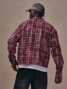 Musero Boxy Fit Acid Wash Check Zip Up Collared Shirt Autum Winter Essentials - Burgundy - View 4