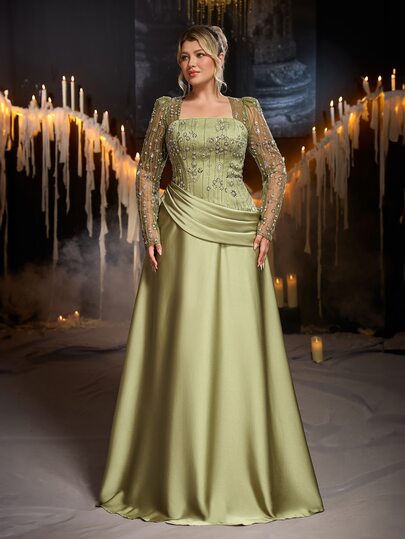 Glamrae Plus Size Elegant Romantic Fashion Green Square Neck Long Sleeve Sheer Sequin Embroidered Fabric Satin Patchwork Pleated A-Line Long Dress Elegant Party Dress Wedding Guest Dress Green Dress Vacation Dress Heavy Embellished Evening Gown