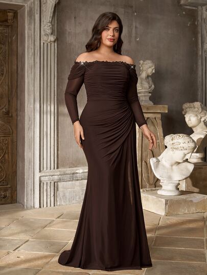 Aureia Plus Size Elegant Glamorous Luxury Sequin Lace Embroidered Patchwork Elastic Knit Mesh Off-Shoulder Long Sleeve Oversized Skirt Wedding Event Bachelorette Party Vacation Prom Holiday Party Evening Gown (Heavy Embellished)
