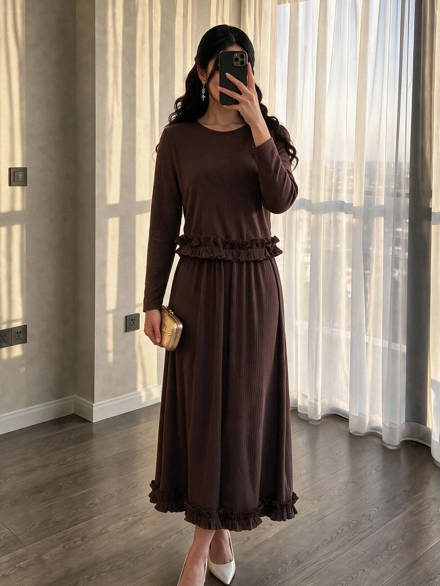 Modelyn Women's Autumn/Winter Coffee Color Pleated Knit Frill Trim Long Sleeve Maxi Dress 2 Pieces Set - Coffee Brown - View 1