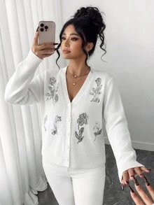 Elenzga Plus Size Women's Sequin Casual Versatile Daily Outing Cardigan - White - View 4