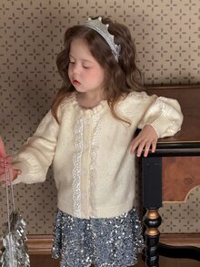 DAZY Cardigan Rajut Kancing Tunggal untuk Bayi Perempuan dengan Hiasan Rumbai, Leher Bulat, Lengan Panjang, dan Renda Kontras - Krem - View 5