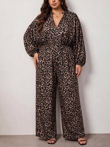 Truni Plus-Size Women's Retro Leopard Print Waist-Cinching Long-Sleeved JumpsuitPear Body,Triangle Body - Multicolor - View 4