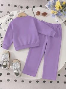 SHEIN 熱銷新款紫色蝴蝶結女童運動休閒套裝 4-7歲，2025秋季 INS 風格 2件式運動衫與運動長褲 - 紫色 - 查看 4