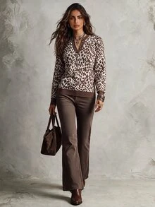 Solivie Women's Autumn/Winter Coffee Brown Leopard Print V-Neck Button Design Sweater - Coffee Brown - View 5