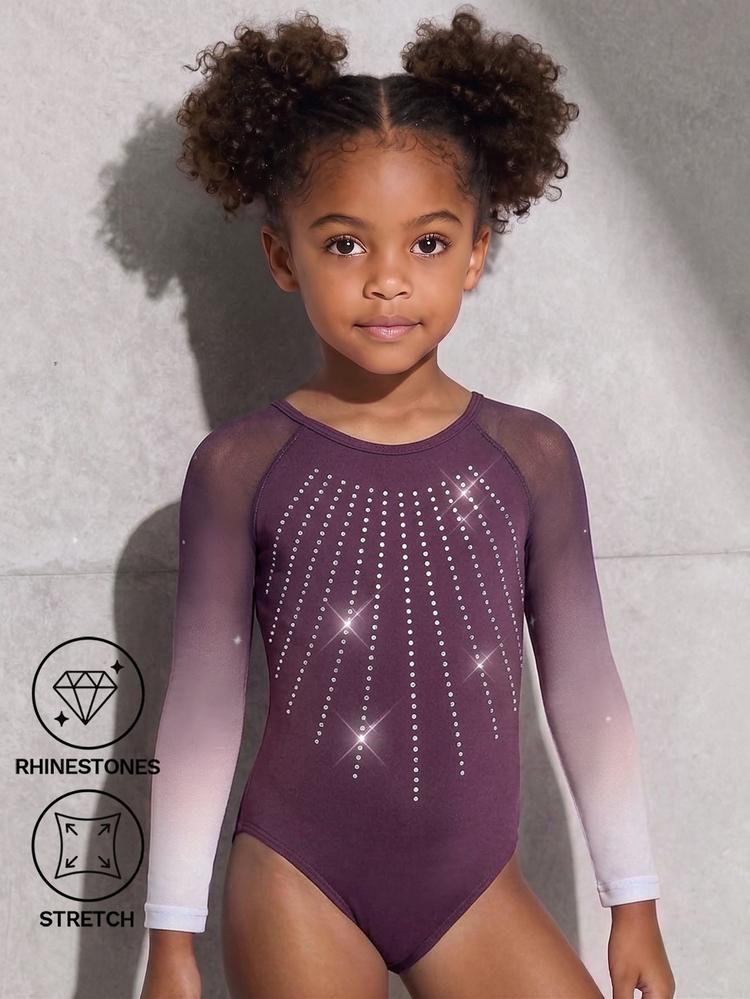 Young Girls Fitted Gradient Mesh Long Sleeve Gymnastics Leotard With Rhinestone Decor, High Elasticity Fitness Outdoor Sports Dance Yoga Gymnastics Jumpsuit, 4-Way Stretch High Stretch - Red Violet - View 3