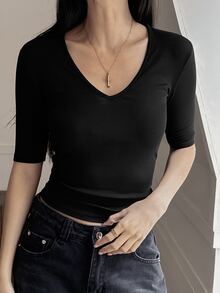 DAZY Women's V-Neck Half Sleeve Base Layer T-Shirt - Black - View 4