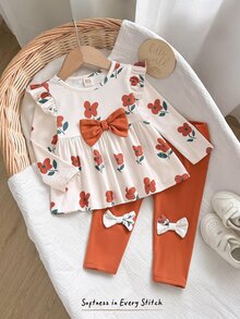 Cozy Pixies Baby Girl Knitted Floral Pattern Round Neck Ruffle Casual T-Shirt And 3D Bow Long Pants 2 Pieces Set - Multicolor - View 4