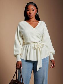 SHEIN SXY Plus Size Women's Solid Color V-Neck Knotted Waist Casual Versatile Long Sleeve Sweater - White - View 8