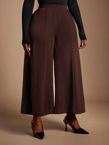 SHEIN SXY Plus Size Women's Casual Coffee Brown High Waist Wide Leg Cropped Pants Fall - Brown - View 5