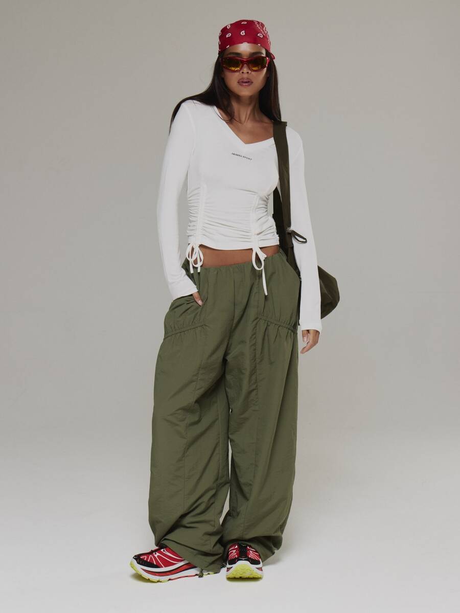 Musera Sport Ruched Detail Waist Loose Fit Low Rise Parachute Style Trouser Active Outdoors Workout Gym Terra Peak - Green - View 1