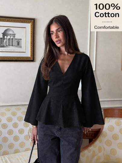 Siren Gaze Blusa de mujer de 100% algodón para otoño e invierno con cuello en V, estilo streetwear, elegante para oficina, con mangas acampanadas, camisa casual básica con cintura ceñida y volante peplum