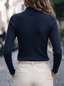 SHEIN New Chinese Style Stand Collar Ribbed Knit Top With Traditional Frog Buttons - Navy Blue - View 2