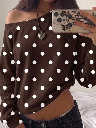 SHEIN EZwear Women's Asymmetric Shoulder Long Sleeve Polka Dot Sweatshirt, Back To School College Style Casual Minimalist Daily Versatile Party Airport Outfit Y2K Tops, Women's Autumn Clothing, Autumn Outfit, Women's Commute Outfit, All-Match Top, Outing Outfit, Airport Outfit