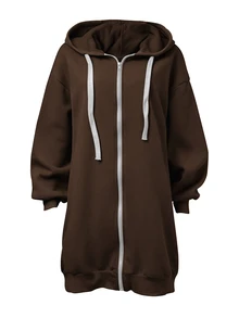 INAWLY Plus Size Front Zip Batwing Sleeve Sweatshirt Winter - Plum Brown - View 3