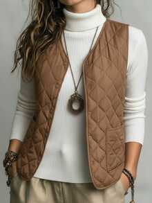 DAZY Women's Fitted V-Neck Sleeveless Casual Vest Jacket Winter - Coffee Brown - View 1