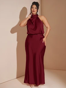 SHEIN BAE 大尺碼女款純色休閒派對掛脖洋裝聖誕節 - 酒紅色 - 查看 6