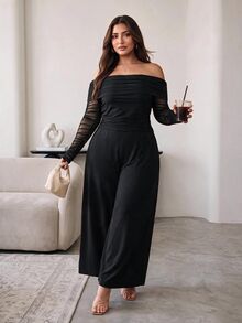 Hourglow Plus Size Women's Off-Shoulder Mesh Patchwork Long Sleeve Top And Pants Set - Black - View 4