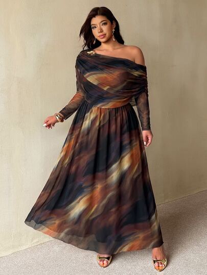 Auralis Plus-Size Off-Shoulder Dress With A Fitted Waist And Flared Skirt / Brown Tie-Dye Dress / High-Stretch, Comfortable Mesh Dress