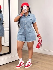Slaydiva Plus Size Jacquard Button Pocket Frayed Hem Denim Romper - Blue - View 6