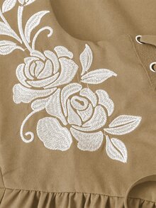 Skyraze 女款花卉刺繡圖案綁帶設計休閒派對長洋裝 - 卡其色 - 查看 6