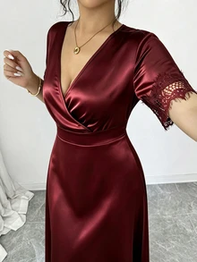 Juhart 大尺碼女款 V 領蕾絲拼接休閒派對洋裝 - 酒紅色 - 查看 5