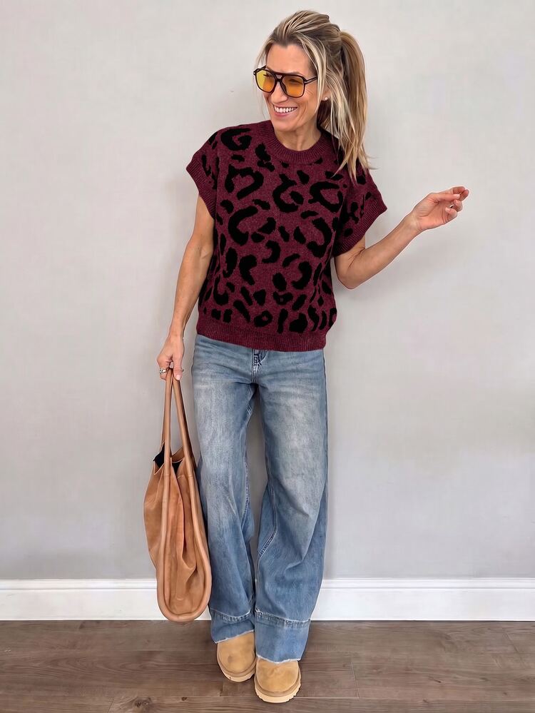 SHEIN LUNE Autumn/Winter New Casual Elegant Khaki Round Neck Sleeveless Black Polka Dot Vest Women's Fashion Knit Pullover Top - Red - View 1